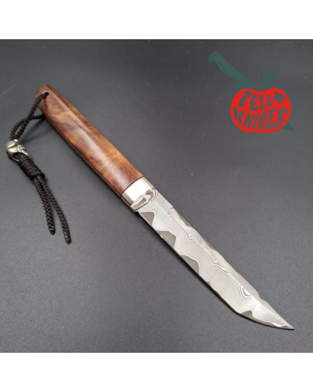 Sergey Shidlovskiy Custom Knives Mini Tanto ELMAX laminate steel Ironwood burl handle brown leather sheath