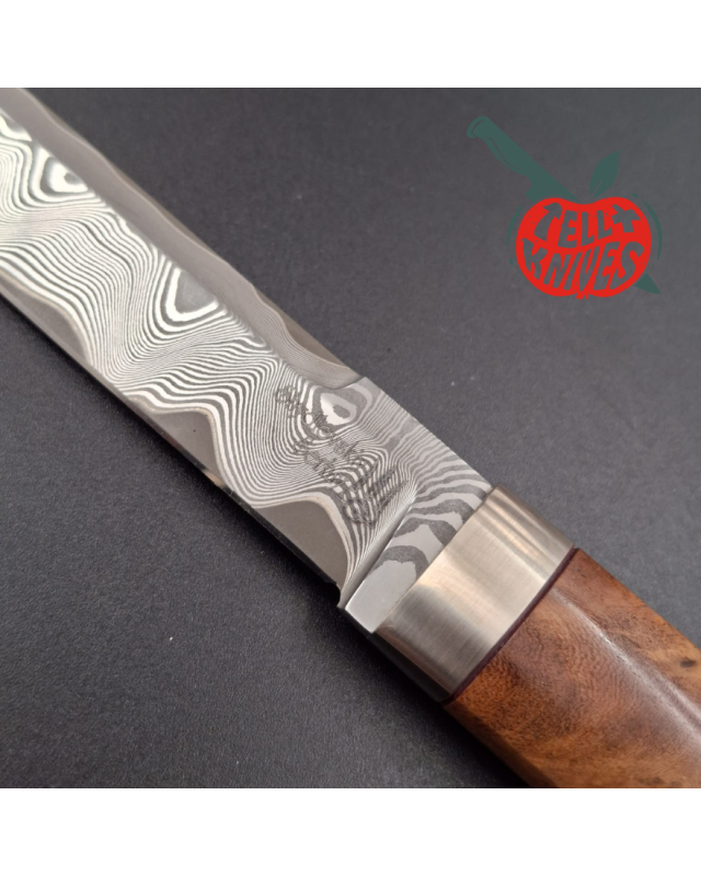 Sergey Shidlovskiy Custom Knives Mini Tanto ELMAX laminate steel Ironwood burl handle brown leather sheath