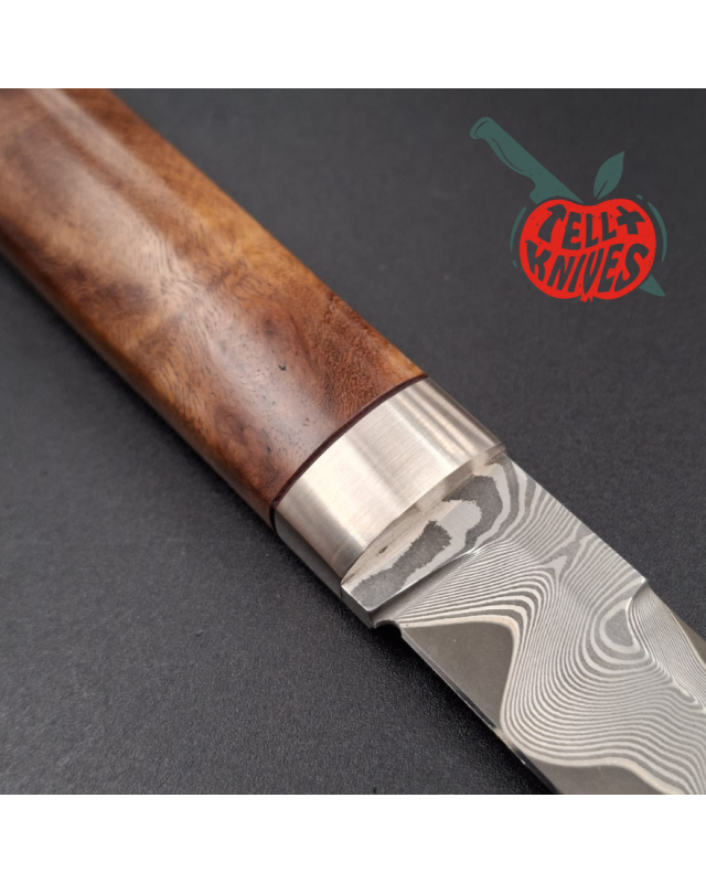 Sergey Shidlovskiy Custom Knives Mini Tanto ELMAX laminate steel Ironwood burl handle brown leather sheath