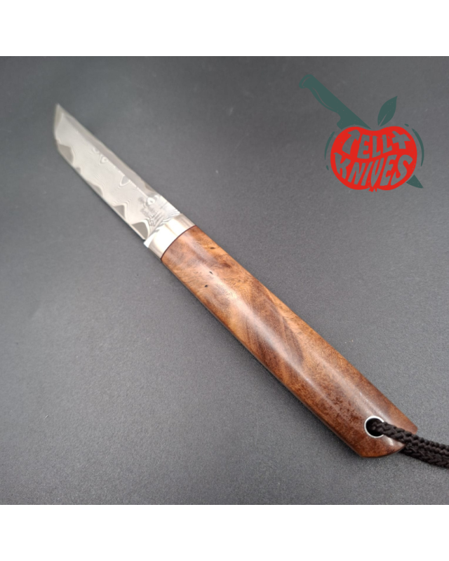 Sergey Shidlovskiy Custom Knives Mini Tanto ELMAX laminate steel Ironwood burl handle brown leather sheath