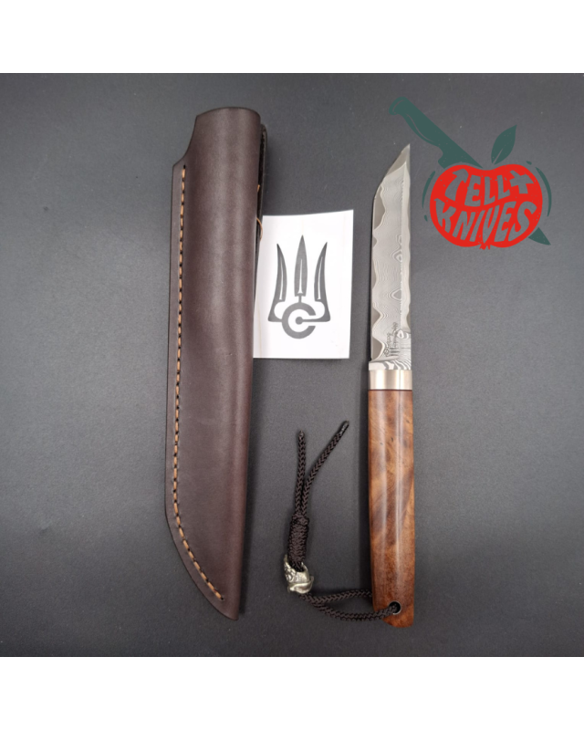 Sergey Shidlovskiy Custom Knives Mini Tanto ELMAX laminate steel Ironwood burl handle brown leather sheath