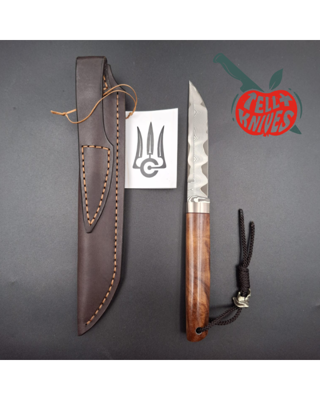 Sergey Shidlovskiy Custom Knives Mini Tanto ELMAX laminate steel Ironwood burl handle brown leather sheath