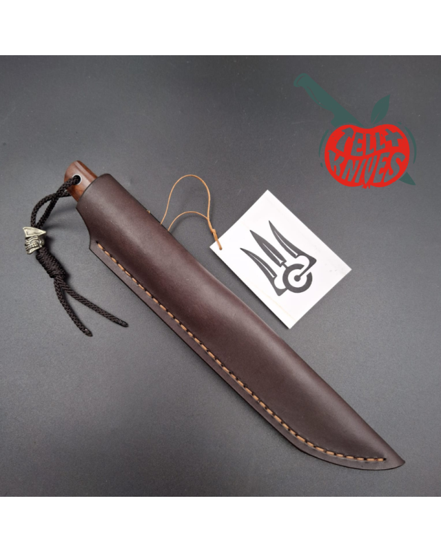 Sergey Shidlovskiy Custom Knives Mini Tanto ELMAX laminate steel Ironwood burl handle brown leather sheath