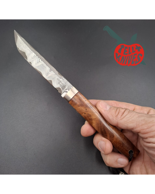 Sergey Shidlovskiy Custom Knives Mini Tanto ELMAX laminate steel Ironwood burl handle brown leather sheath