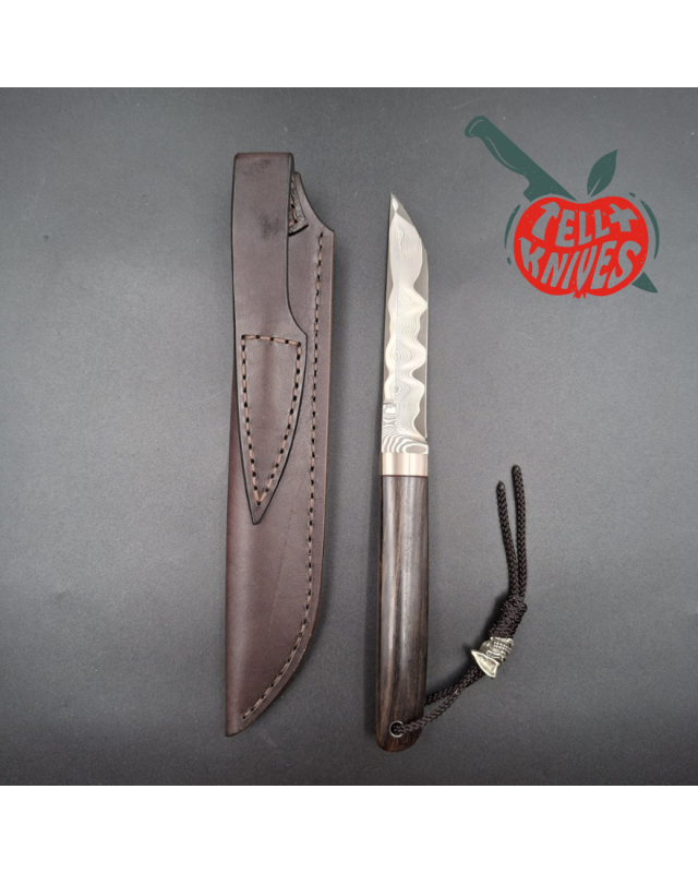 Sergey Shidlovskiy Custom Knives Mini Tanto ELMAX laminate steel Grenadil wood handle brown leather sheath
