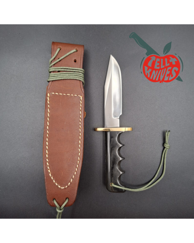 Randall Made Knives Model 14 Mini Full Tang Stainless Steel blade Dark Green Micarta handle brown leather sheath