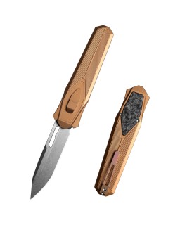 Remette Knives Swordfish OTF Gravity Knife (Swiss Legal) Reverse Tanto Satin S35VN Steel Blade Gold Aluminium Handle