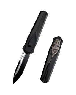 Remette Knives Swordfish OTF Gravity Knife (Swiss Legal) Reverse Tanto DLC Satin S35VN Steel Blade Black Aluminium Handle