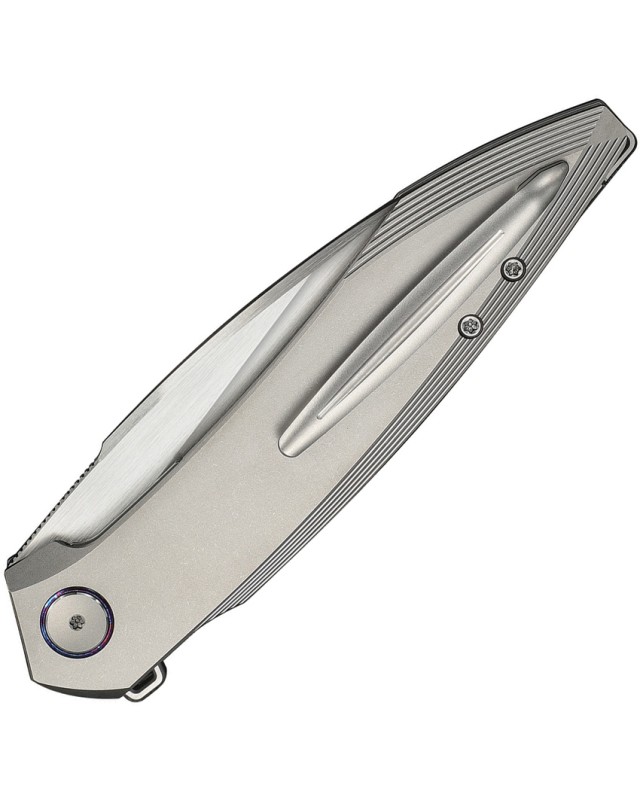 We Knife Fluxor Nested Linerlock Satin Bohler M390 Stainless Steel Gray Titanium Handle