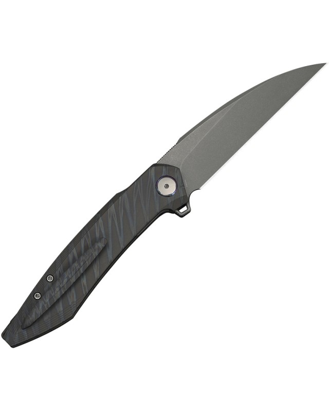 We Knife Fluxor Nested Linerlock Stonewash Bohler M390 Stainless Steel Tiger Striped Titanium Handle