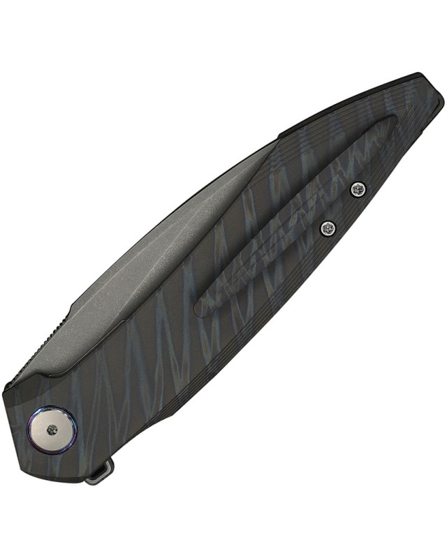 We Knife Fluxor Nested Linerlock Stonewash Bohler M390 Stainless Steel Tiger Striped Titanium Handle