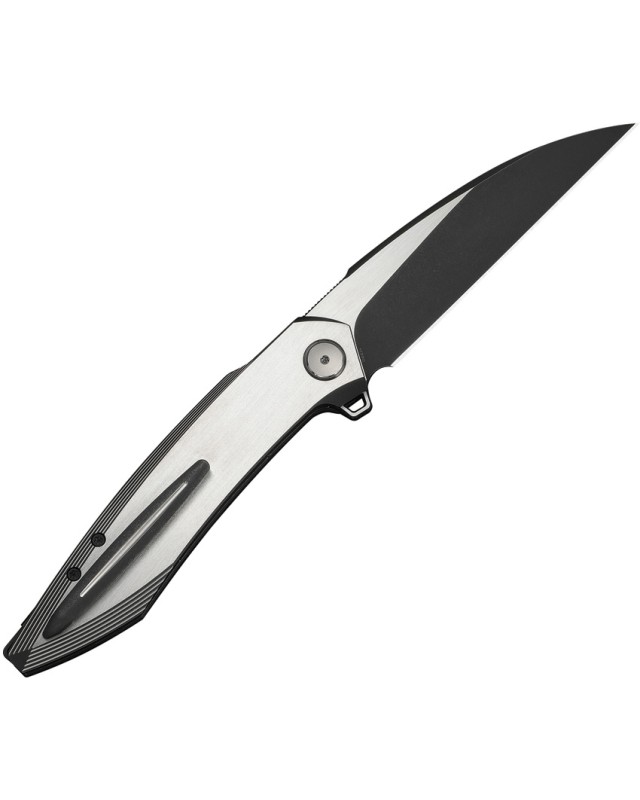 We Knife Fluxor Nested Linerlock Stonewash Satin Bohler M390 Stainless Steel Black Satin Titanium Handle