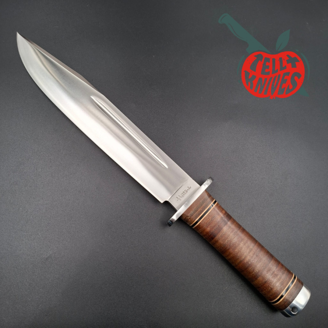 Hattori 160-1 Big Bowie Hunter AUS-6 steel stacked leather handle brown leather sheath