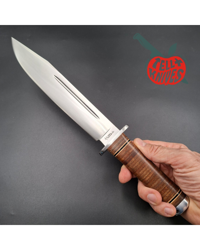 Hattori 160-1 Big Bowie Hunter AUS-6 steel stacked leather handle brown leather sheath