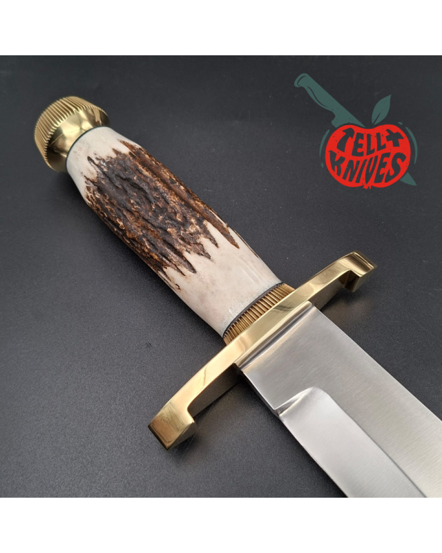 Randall Made Knives Model 12-11 Confederate Bowie forged carbon steel stag handle brass guard and pommel