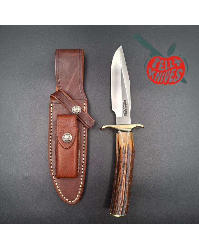 Randall Made Knives Model 1-5 All Purpose Fighting Knife forged stainless steel sambar stag handle brown leather sheath