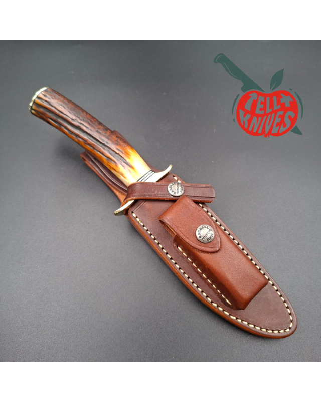 Randall Made Knives Model 1-5 All Purpose Fighting Knife forged stainless steel sambar stag handle brown leather sheath