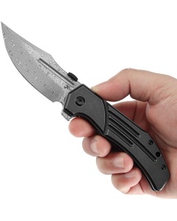 Kansept Orion Framelock Damascus Steel Blade Blackwash Titanium Handle