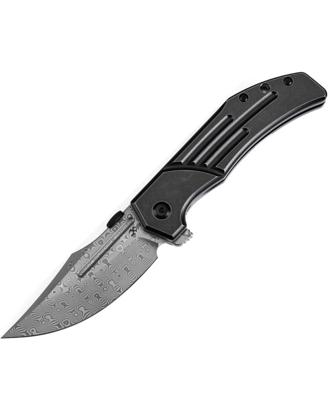 Kansept Orion Framelock Damascus Steel Blade Blackwash Titanium Handle