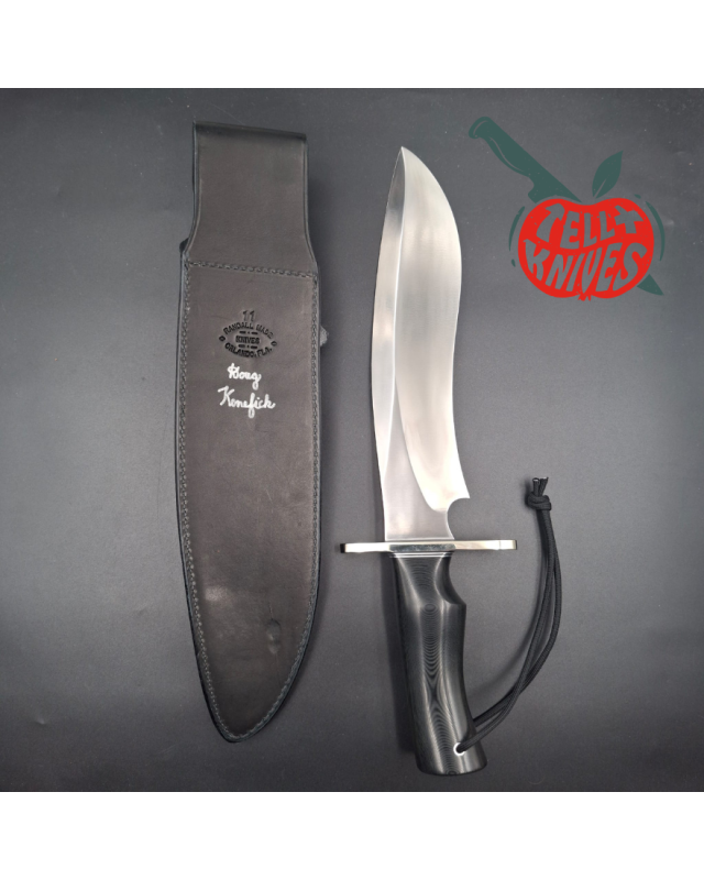 Randall Made Knives Model Sasquatch Large forged carbon steel Black micarta handle nickel silver guard black leather sheath