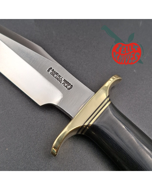 Randall Made Knives Model 8-4 forged carbon steel brass guard black micarta handle brown leather sheath