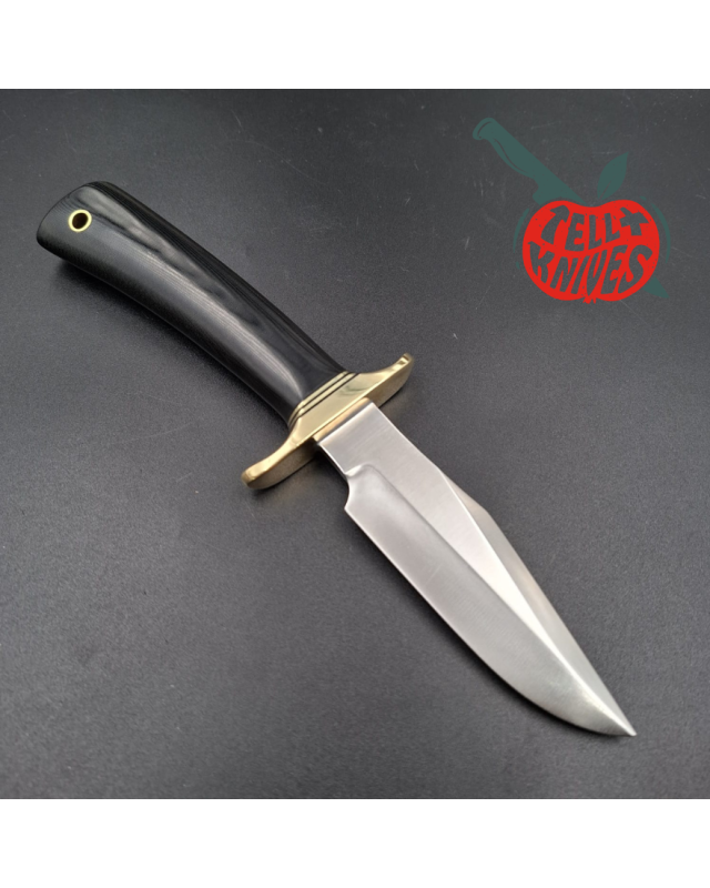 Randall Made Knives Model 8-4 forged carbon steel brass guard black micarta handle brown leather sheath