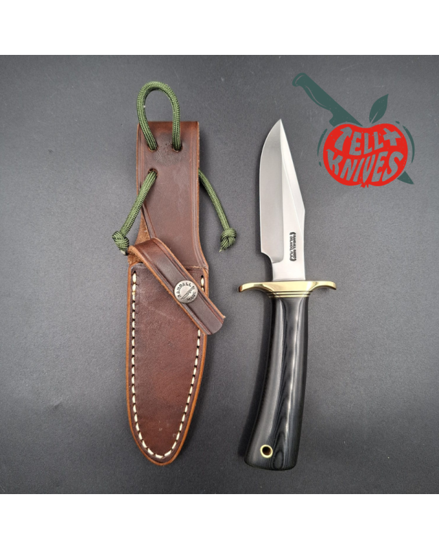 Randall Made Knives Model 8-4 forged carbon steel brass guard black micarta handle brown leather sheath