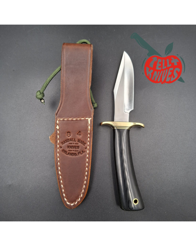 Randall Made Knives Model 8-4 forged carbon steel brass guard black micarta handle brown leather sheath
