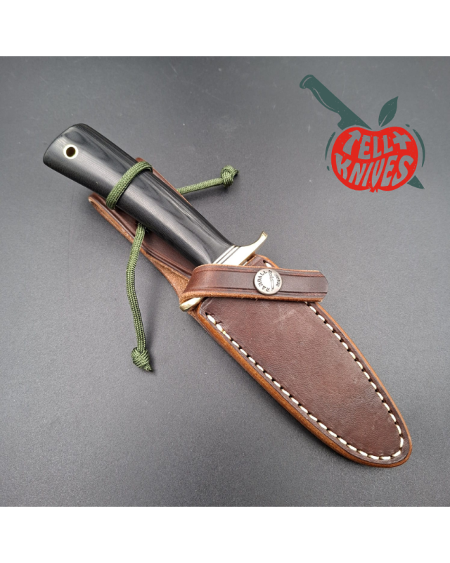 Randall Made Knives Model 8-4 forged carbon steel brass guard black micarta handle brown leather sheath