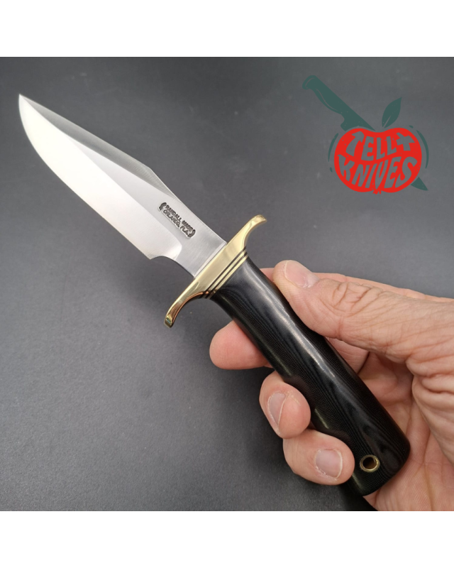 Randall Made Knives Model 8-4 forged carbon steel brass guard black micarta handle brown leather sheath