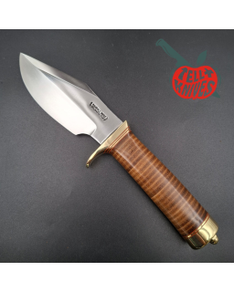 Randall Made Knives Model 19-5 Bushmaster forged carbon steel stacked leather handle brass guard and pommel
