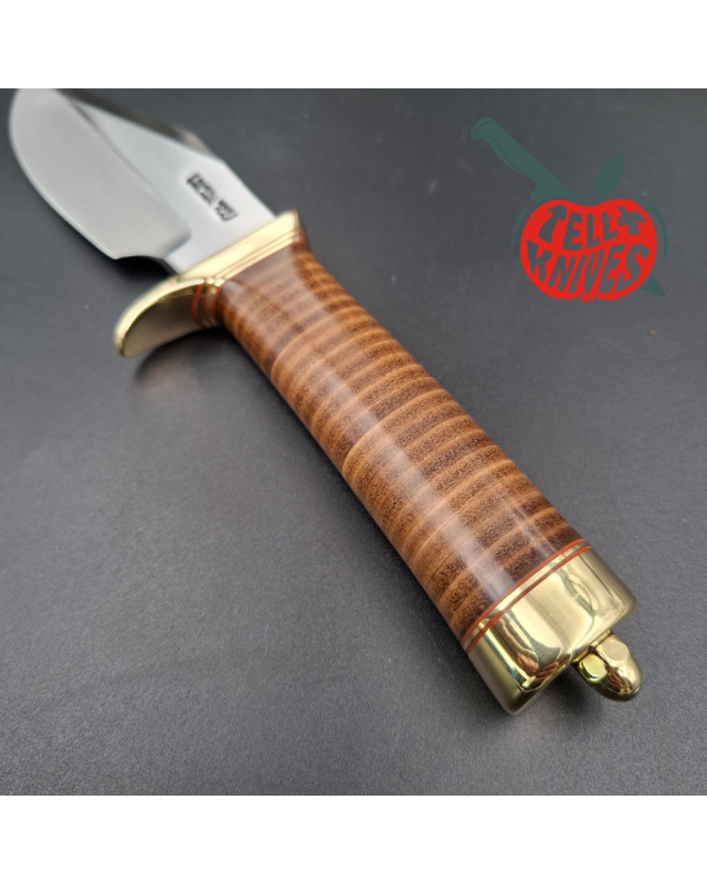Randall Made Knives Model 19-5 Bushmaster forged carbon steel stacked leather handle brass guard and pommel