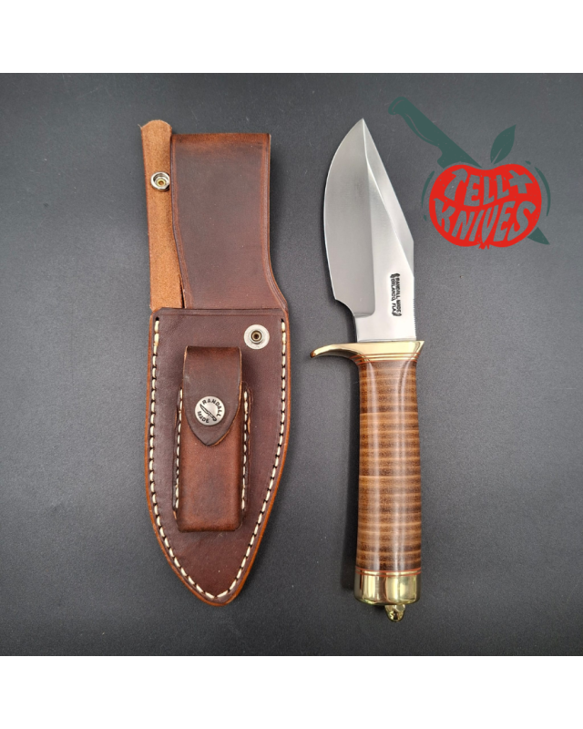 Randall Made Knives Model 19-5 Bushmaster forged carbon steel stacked leather handle brass guard and pommel