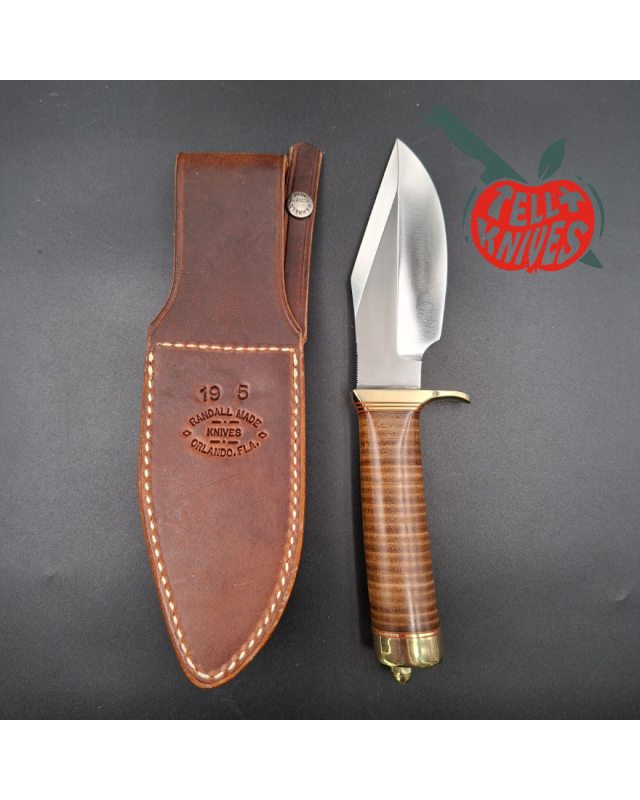 Randall Made Knives Model 19-5 Bushmaster forged carbon steel stacked leather handle brass guard and pommel