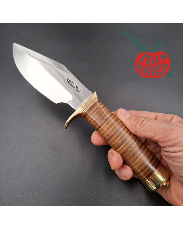 Randall Made Knives Model 19-5 Bushmaster forged carbon steel stacked leather handle brass guard and pommel