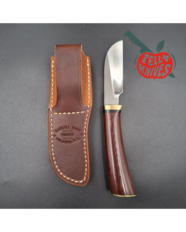 Randall Made Knives Model Cattleman carbon steel brass guard and pommel maroon micarta handle brown leather sheath