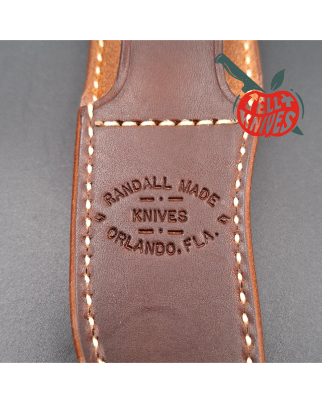 Randall Made Knives Model Cattleman carbon steel brass guard and pommel maroon micarta handle brown leather sheath