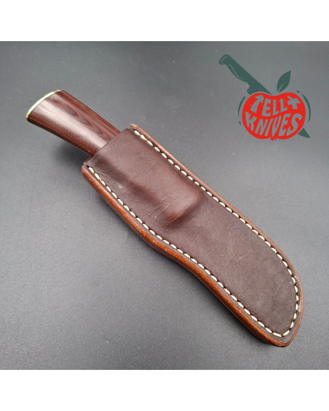 Randall Made Knives Model Cattleman carbon steel brass guard and pommel maroon micarta handle brown leather sheath