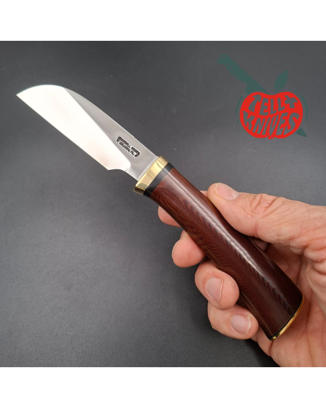Randall Made Knives Model Cattleman carbon steel brass guard and pommel maroon micarta handle brown leather sheath