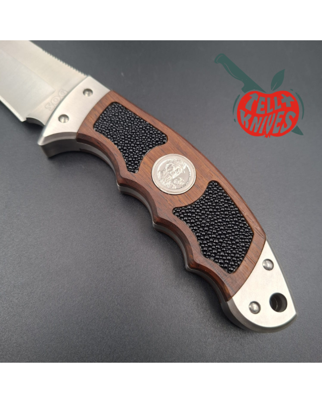 SOG Gunny Series Bowie GFX01-L Full Tang fixed blade VG-10 stainless steel wood display