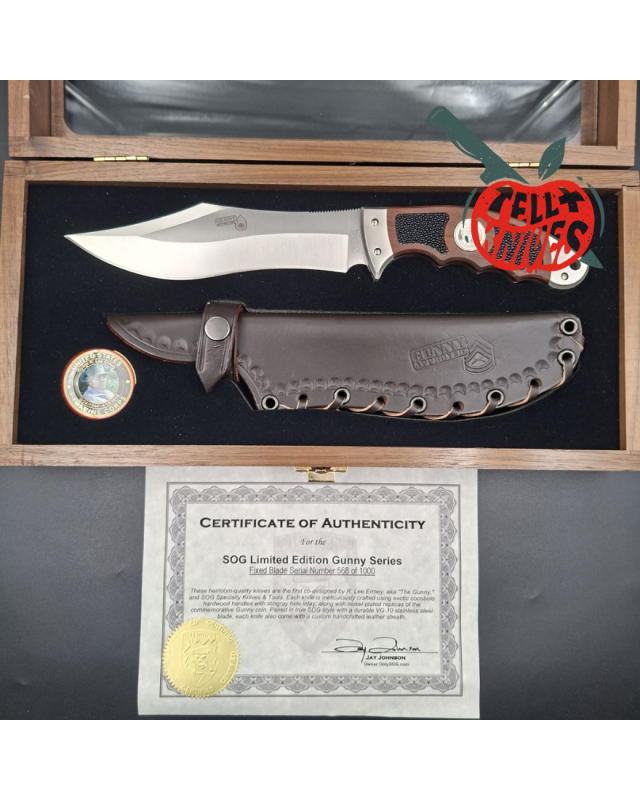 SOG Gunny Series Bowie GFX01-L Full Tang fixed blade VG-10 stainless steel wood display