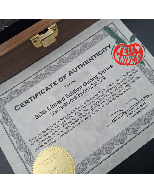 SOG Gunny Series Bowie GFX01-L Full Tang fixed blade VG-10 stainless steel wood display