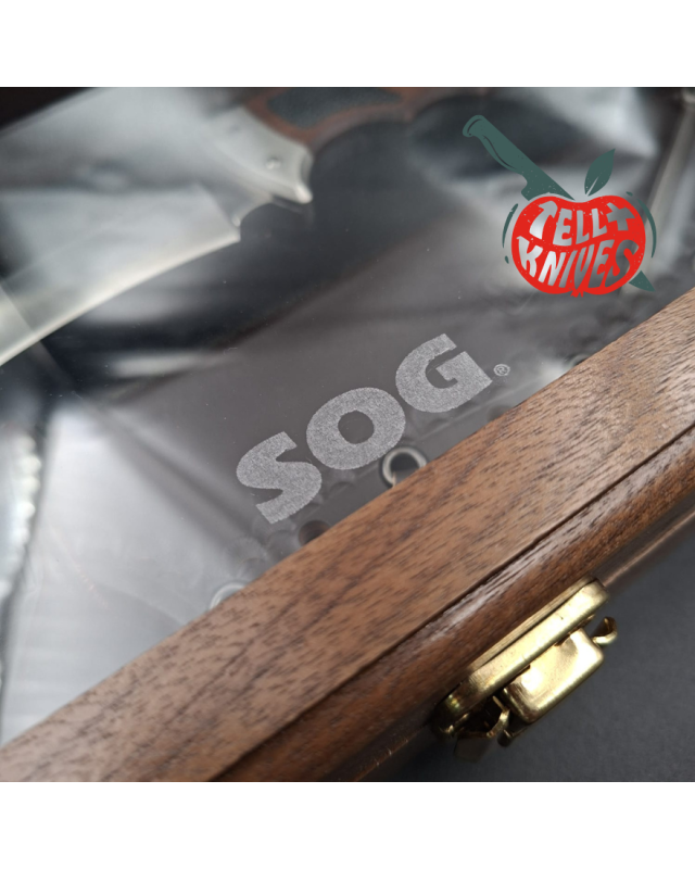 SOG Gunny Series Bowie GFX01-L Full Tang fixed blade VG-10 stainless steel wood display