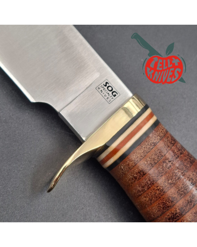 SOG Bear Hunter SD-100L Seki Japan 440A stainless steel satin finish blade brass guard stacked leather handle