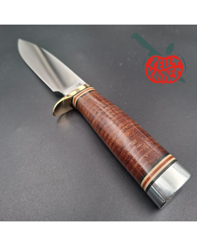 SOG Bear Hunter SD-100L Seki Japan 440A stainless steel satin finish blade brass guard stacked leather handle