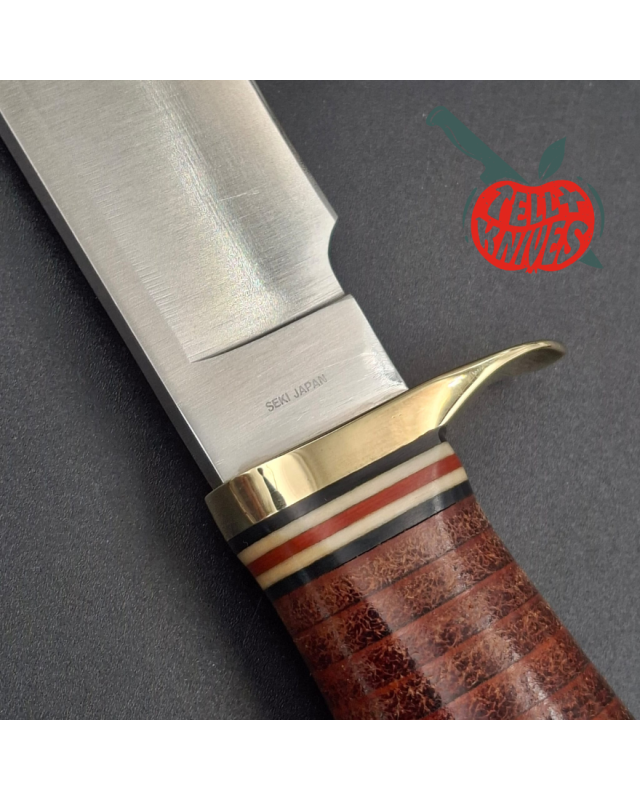 SOG Bear Hunter SD-100L Seki Japan 440A stainless steel satin finish blade brass guard stacked leather handle