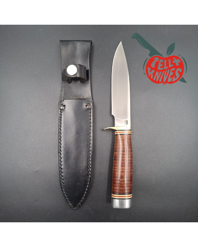 SOG Bear Hunter SD-100L Seki Japan 440A stainless steel satin finish blade brass guard stacked leather handle