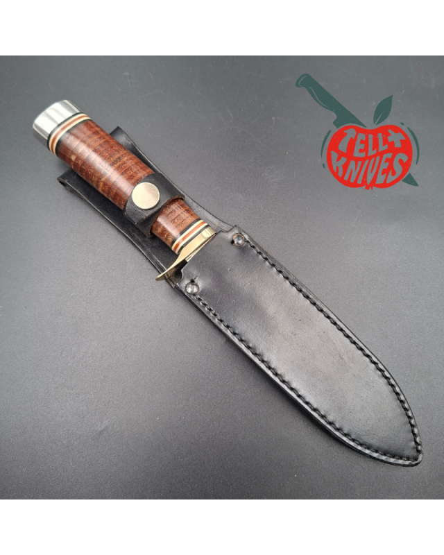 SOG Bear Hunter SD-100L Seki Japan 440A stainless steel satin finish blade brass guard stacked leather handle