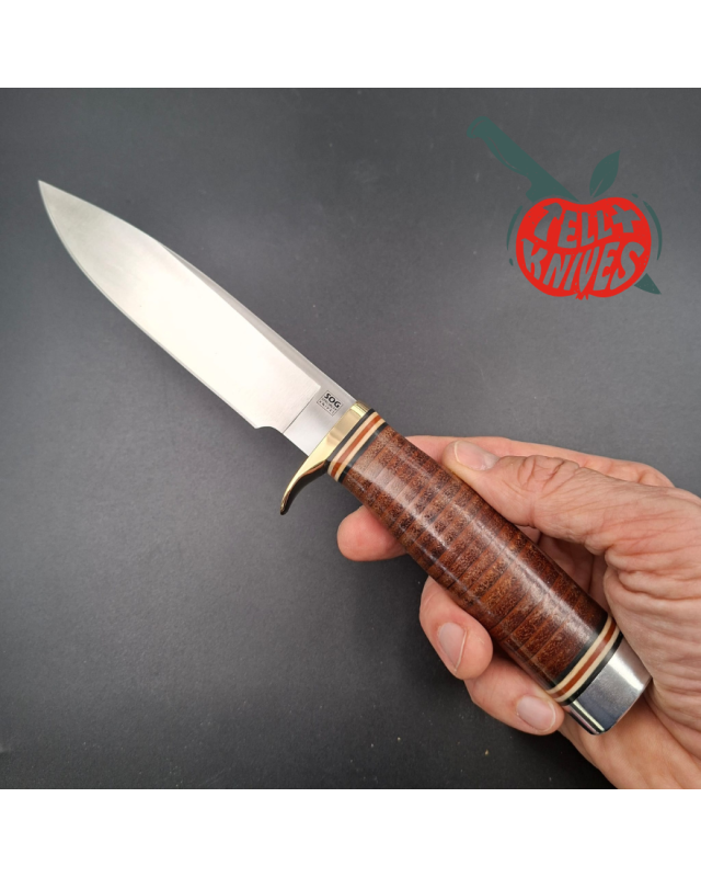 SOG Bear Hunter SD-100L Seki Japan 440A stainless steel satin finish blade brass guard stacked leather handle