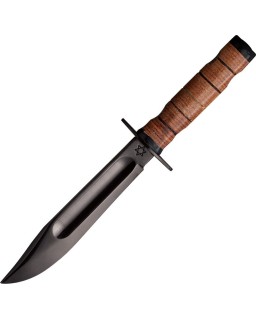 Sheffield Knives Israeli Commando Knife black oxide coated carbon steel blade stacked leather handle brown leather sheat